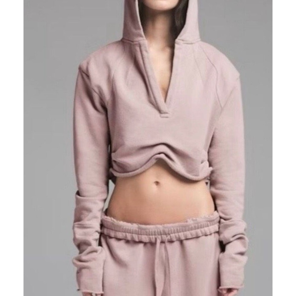Skims French Terry Shoulder Pad Cropped Hoodie Fawn Brown Large Pullover V-Neck